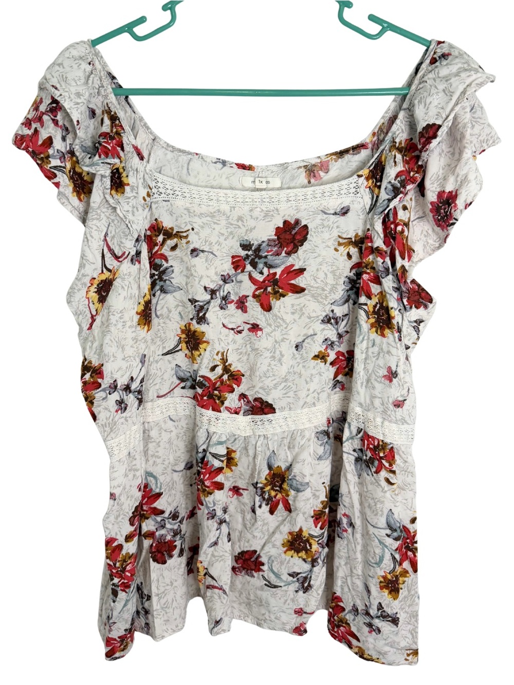 Maurices White, Red & Yellow Floral Ruffle Sleeve Blouse Size 1X